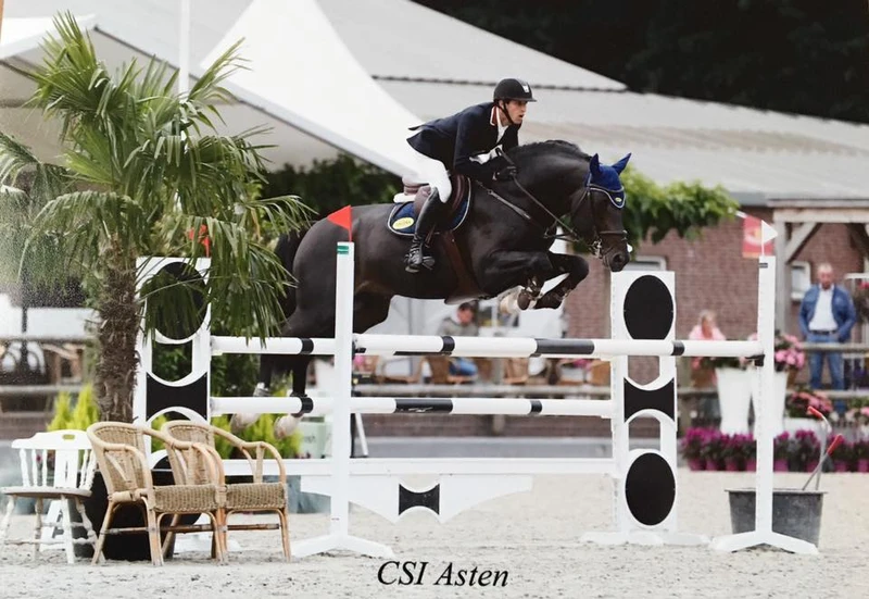 Rider and horse jumping over rails at an English riding show.