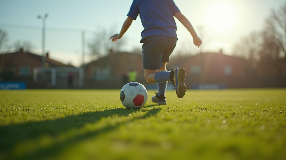 Eye-level view of a child dribbling a football on a green field at FAB Football Academy