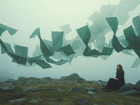 Sheets with green grid patterns flying in a Nordic wind while a woman sits on a rocky cliff watching.