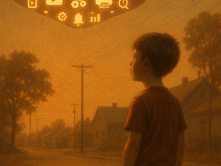 A young boy holding a ball stands in a street at sunset, looking up at a glowing UFO-shaped Wi-Fi symbol in the sky.