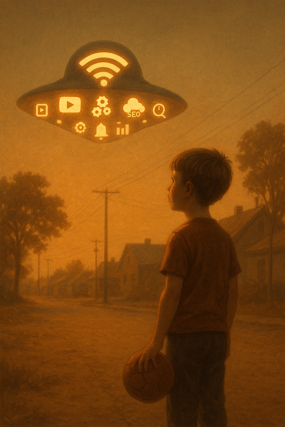 A young boy holding a ball stands in a street at sunset, looking up at a glowing UFO-shaped Wi-Fi symbol in the sky.