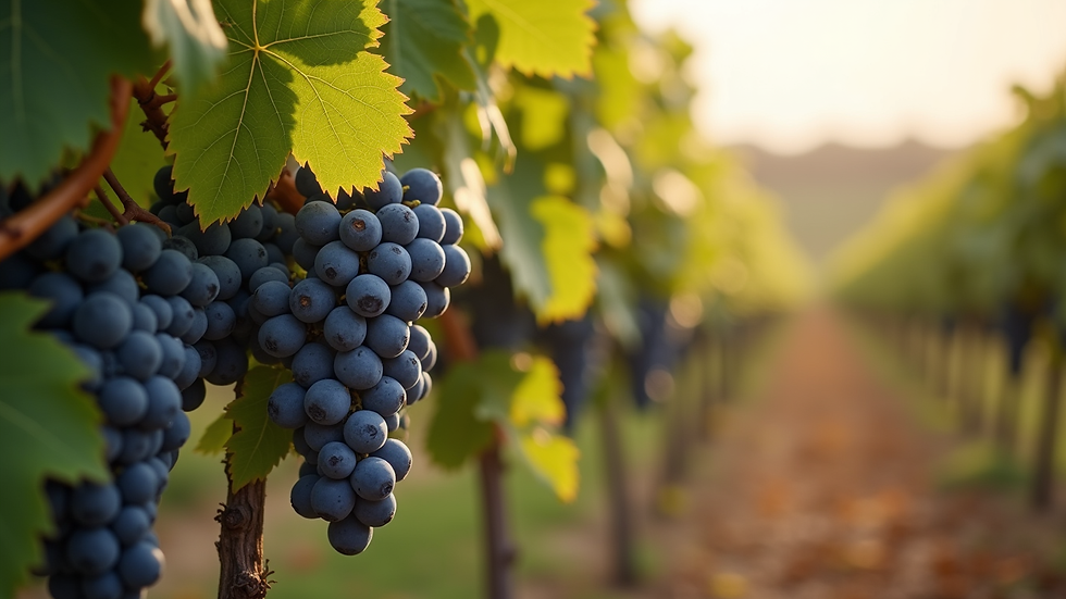 Close-up view of a vineyard with ripe grapes ready for harvest