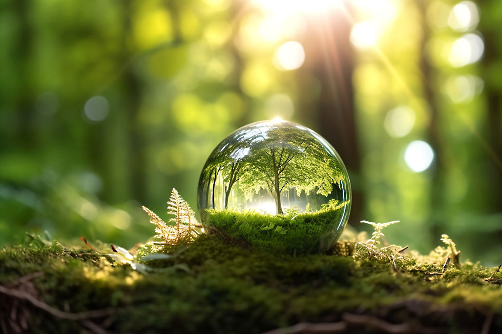 Glass sphere resting on a mossy forest floor, reflecting miniature trees and sunlight, representing clarity and mindfulness enhanced by nature sounds.