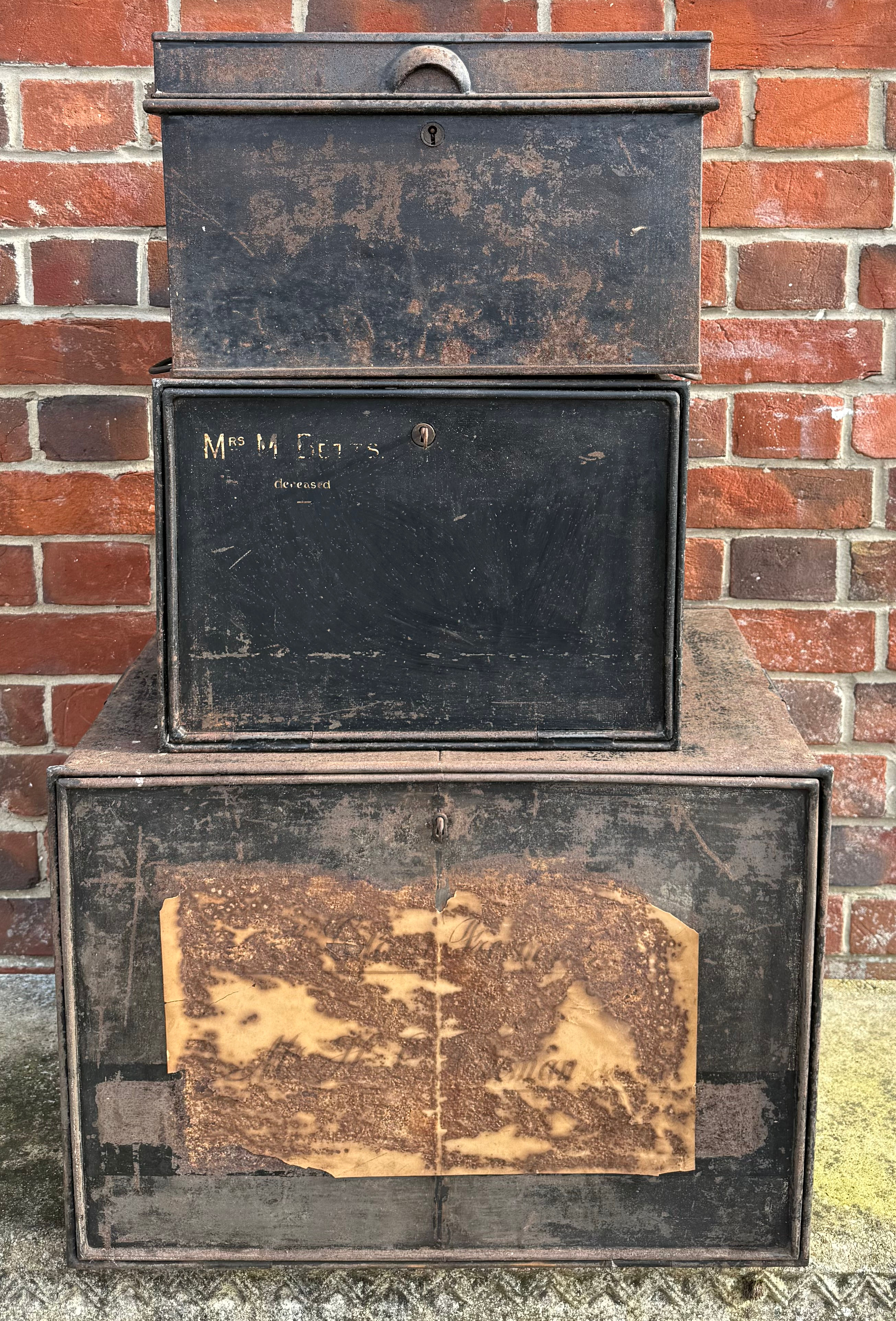 Job Lot Stack Of Three Vintage Black Metal Solicitor Deed Boxes