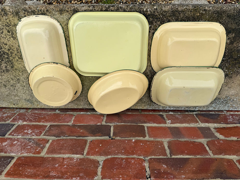 Thumbnail: Job Lot Of Six Vintage Cream Yellow And Green Trim Enamel Dishes
