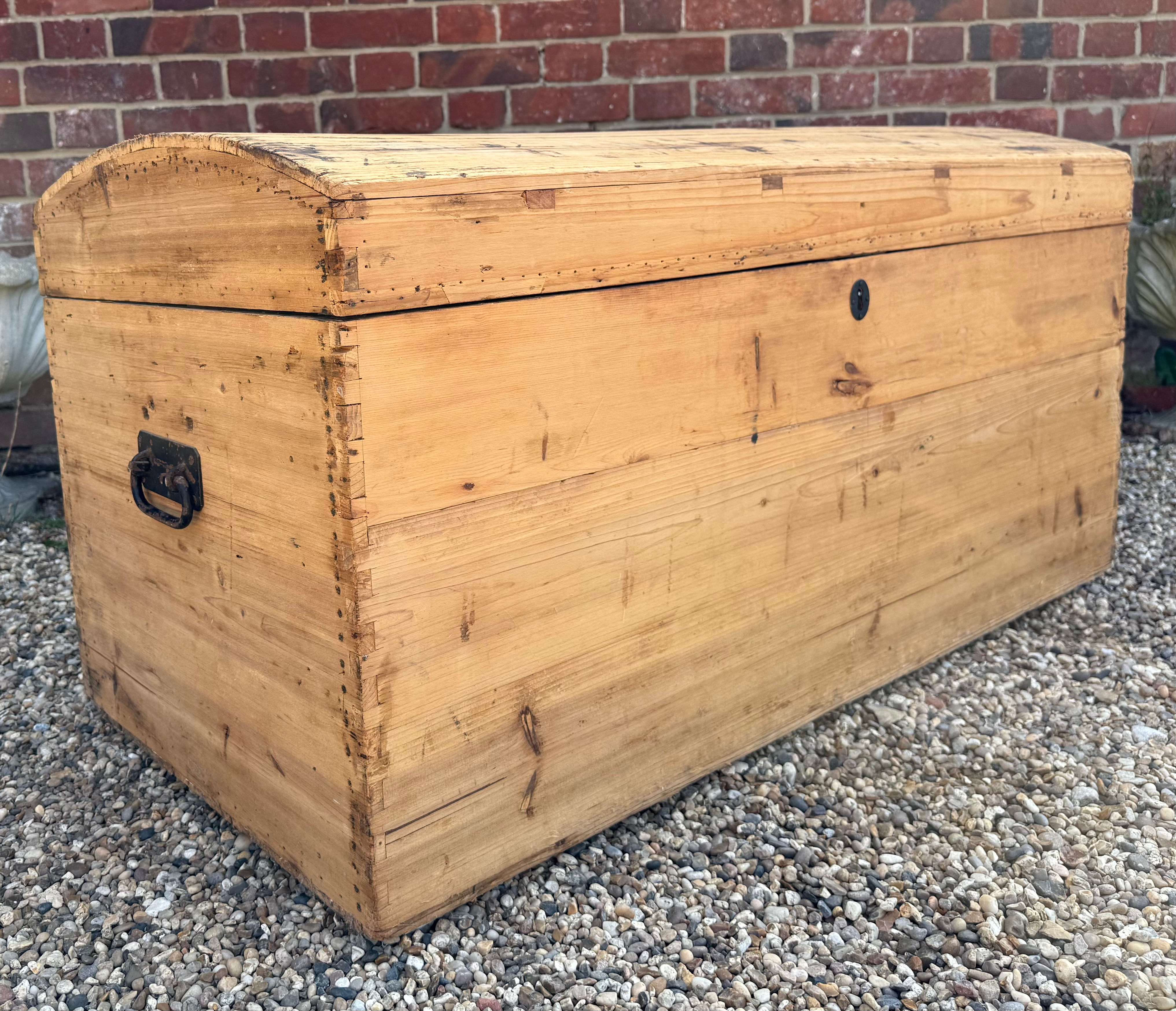 Stripped Victorian Pine Dome Top Blanket Box / Travel Trunk