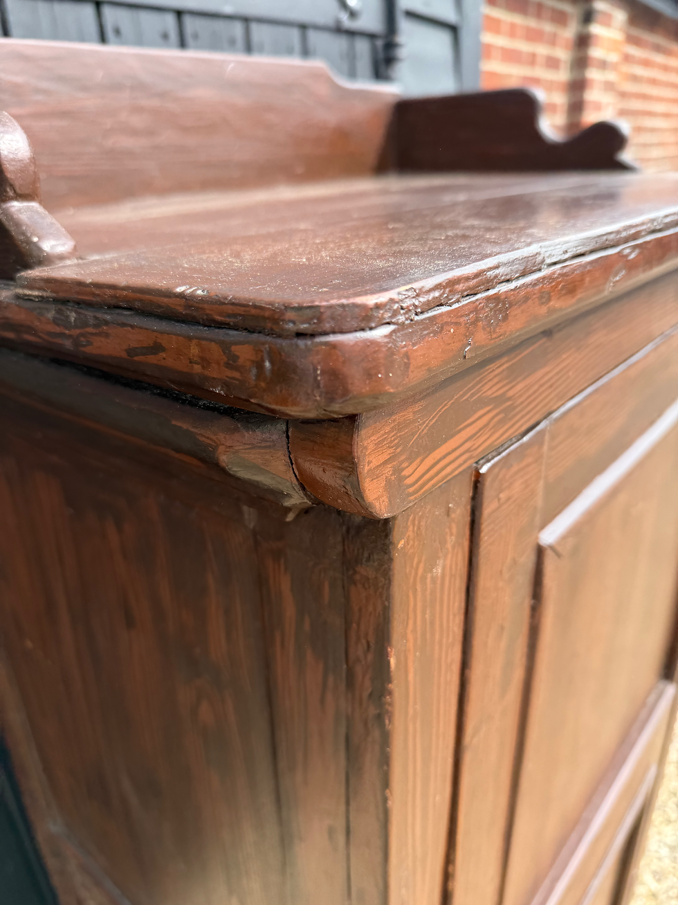 Thumbnail: Narrow Rustic Stained Pine Ledge Back Cupboard