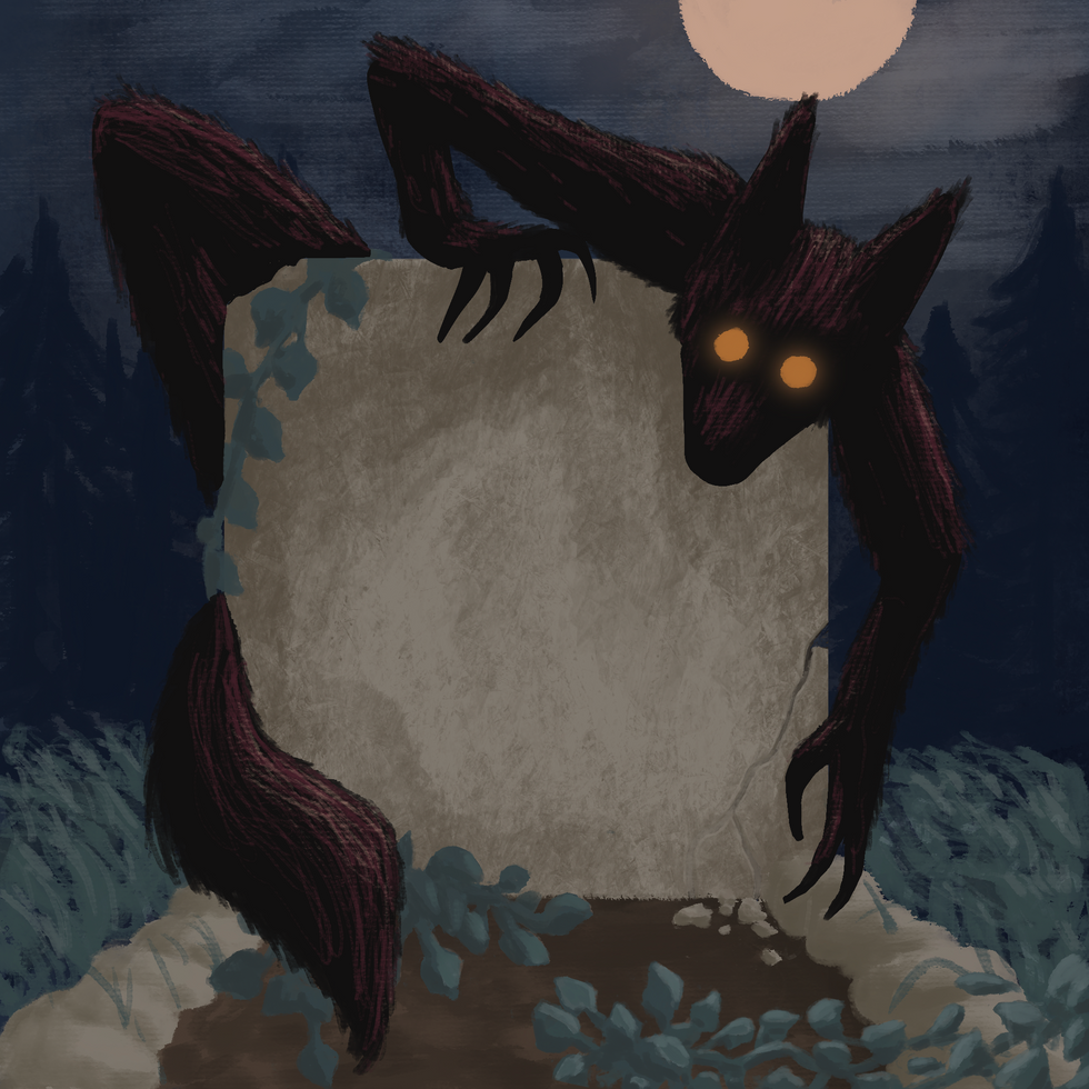 Tomb stone with a dark beast on top