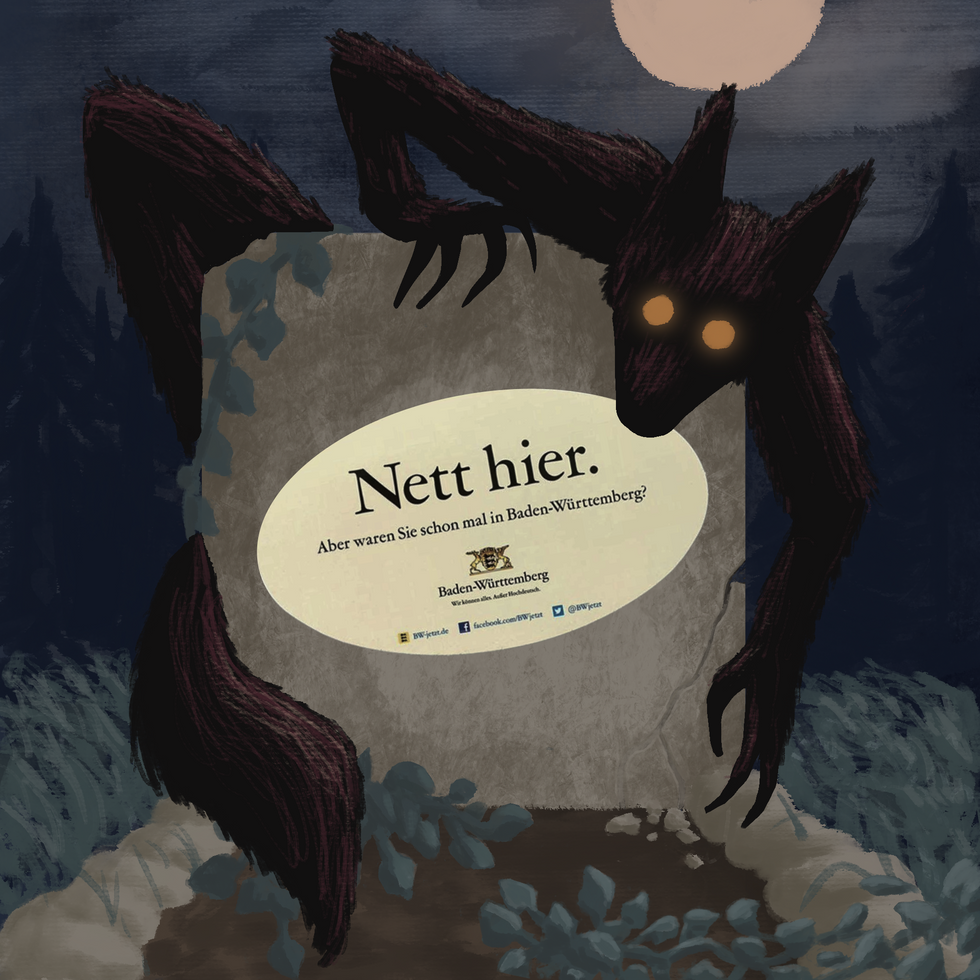 Tomb stone with a dark beast on top. Text: Nett hier, aber...