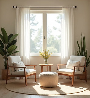 atmospheric shot serene therapy space natural daylight soft neutral tones comfortable seat