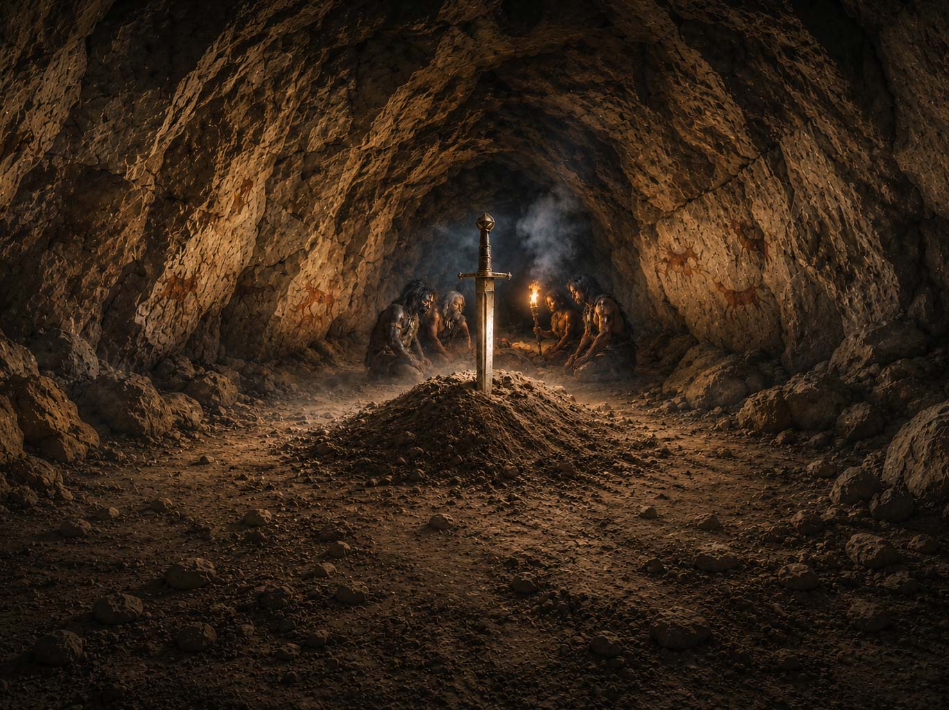 Buchcover von Durino Sereno Ishtiko – Ein Schwert steckt im Boden einer prähistorischen Höhle