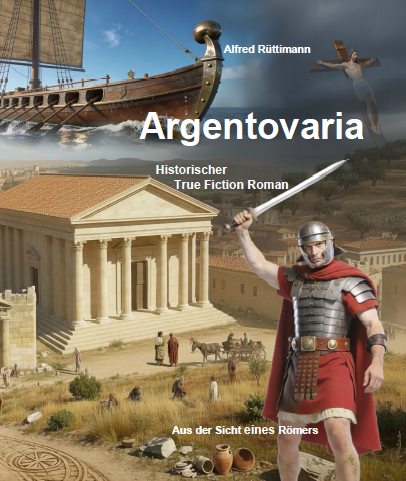 Buchcover von Argentovaria – Ein römischer Soldat vor einem antiken Tempel und einem römischen Schiff