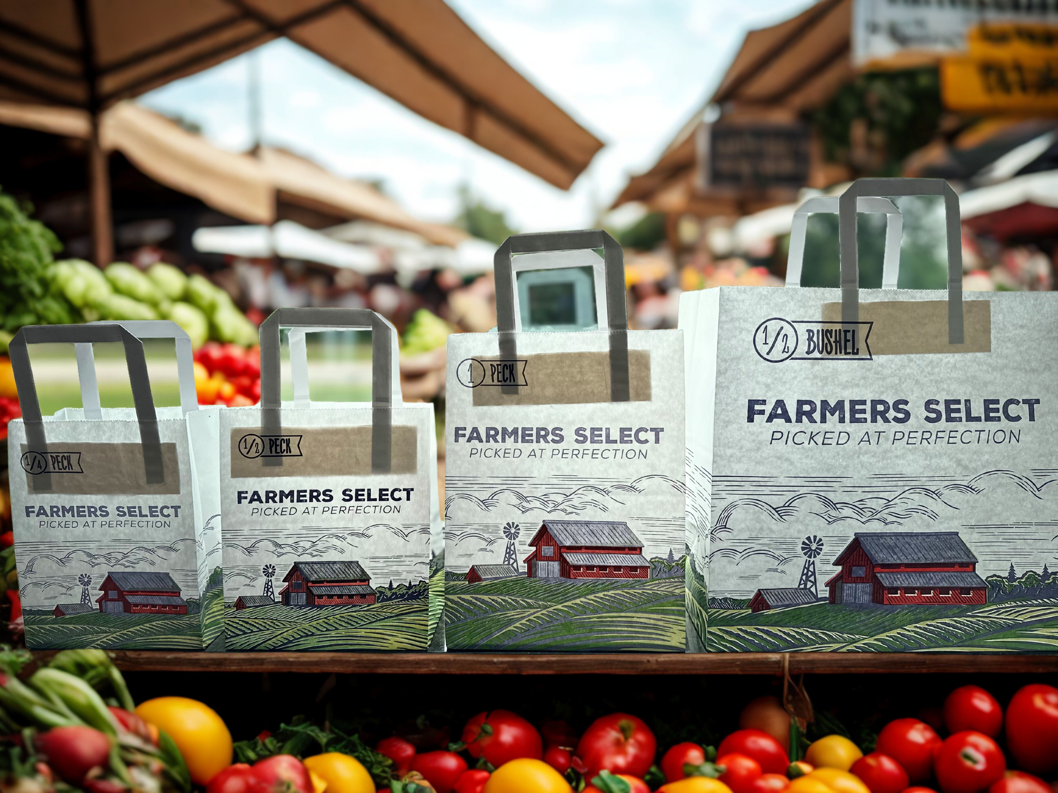 Recyclable two handle paper bags in a farmers market