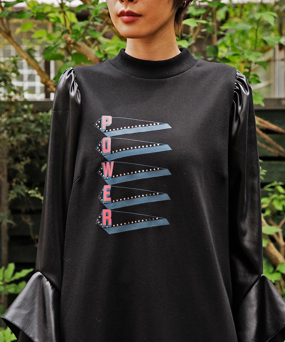 サムネイル： Leather like satin sleeve switching print dress