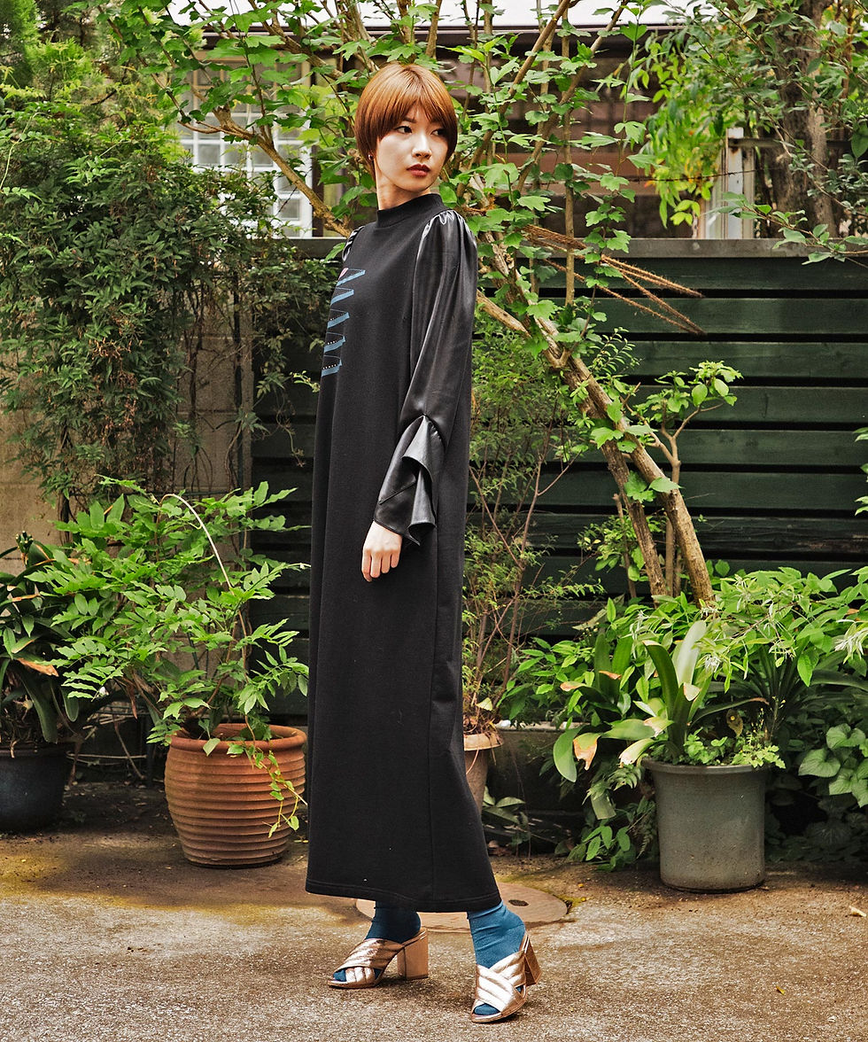 サムネイル： Leather like satin sleeve switching print dress