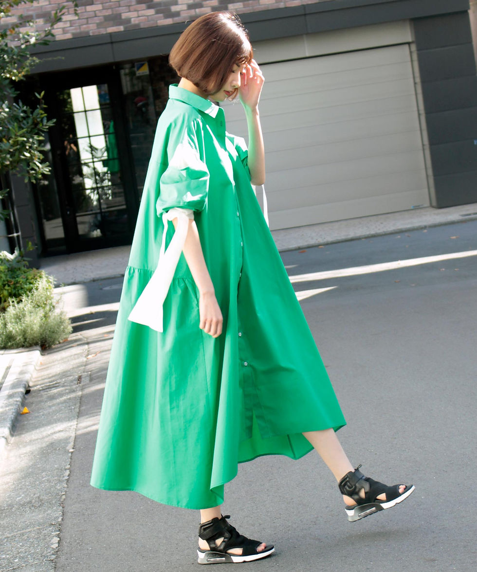サムネイル： Drawstring sleeve cotton voile dress