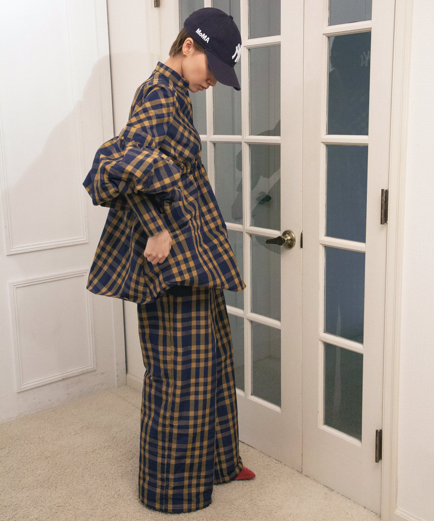 Check double button wide pants