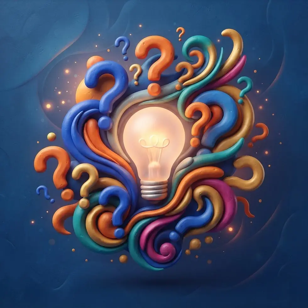Digital illustration featuring a glowing lightbulb nestled within a vibrant swirl of colorful question marks, evoking inspiration and the process of discovery.