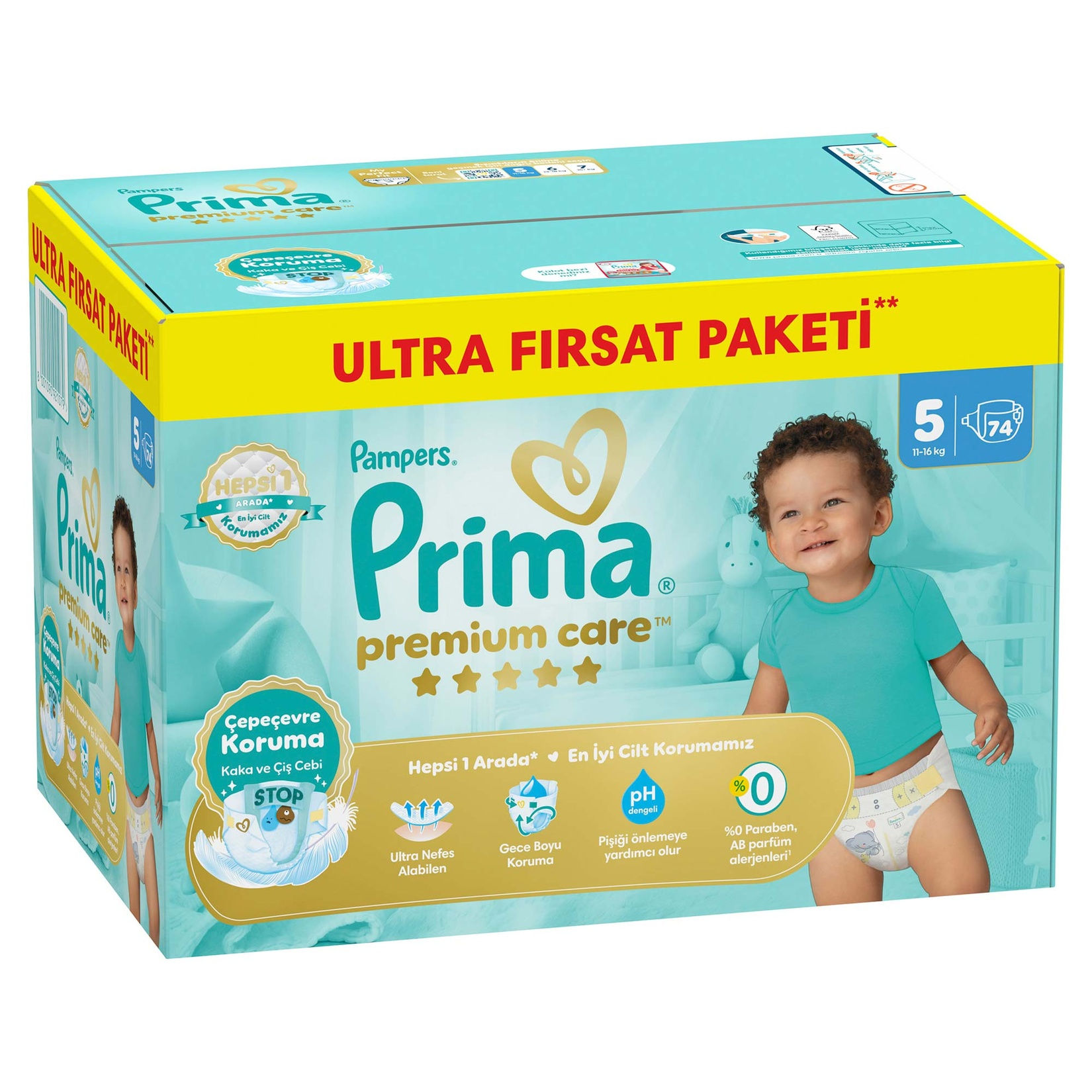 Prima Bebek Bezi Premium Care 5 Beden Junior Ultra Fırsat Paketi 11-16kg 74 Adet