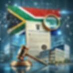 Legal document labeled Beneficial Ownership, gold gavel, ring, and high-rise buildings overlaid with a South African flag and digital network.