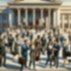 People in suits walk and talk on phones outside a courthouse with columns. The mood is busy and professional.