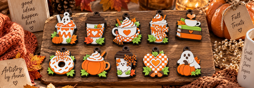 Fall themed 3D printed charm collection with cute autumn and Halloween designs for handmade projects.