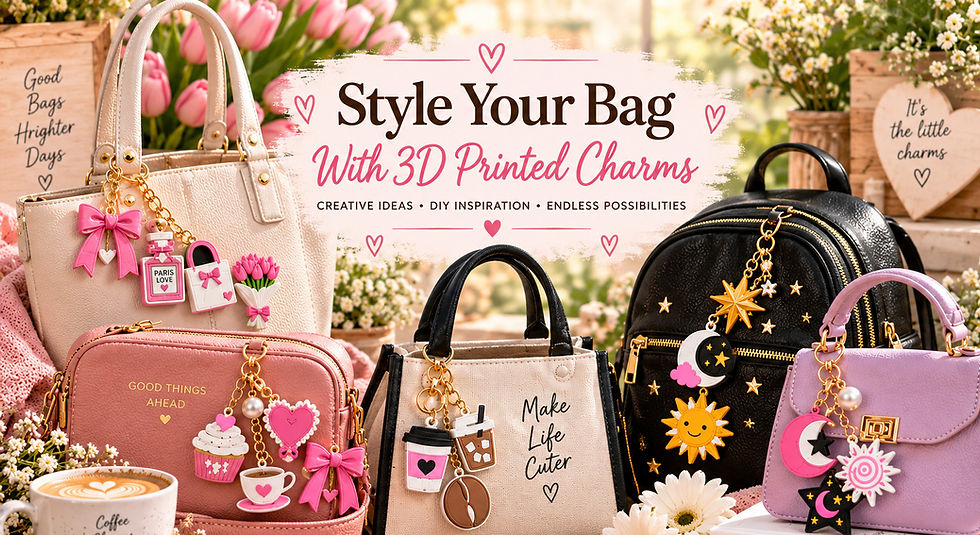 Tote bag styled with colourful 3D printed charms, ribbons and accessories.