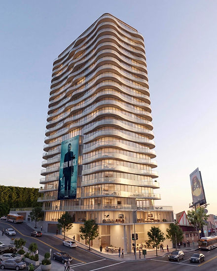 Rendering of the 9021 Sunset tower at dusk on Sunset Boulevard