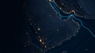 Digital map of the Arabian Gulf and Strait of Hormuz highlighting global energy shipping routes and the strategic chokepoint at the center of international oil and LNG trade.