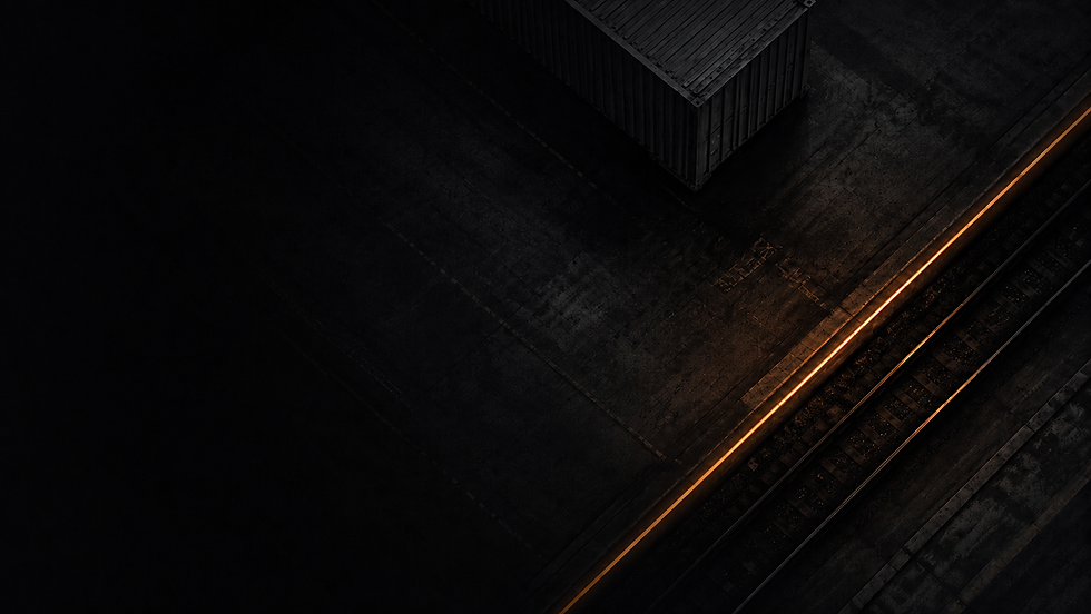 Dark editorial image showing an abstract rail line with orange light beside an industrial container, suggesting infrastructure, trade corridors, and logistics.