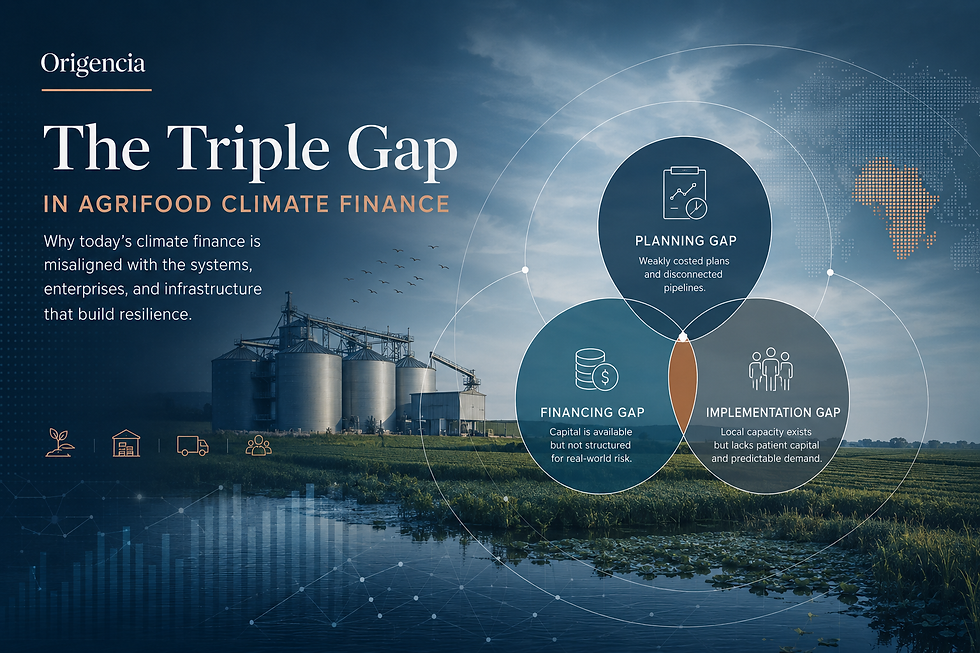 Agricultural fields and grain silos overlaid with planning, financing and implementation gaps illustrating structural challenges in agrifood climate finance.