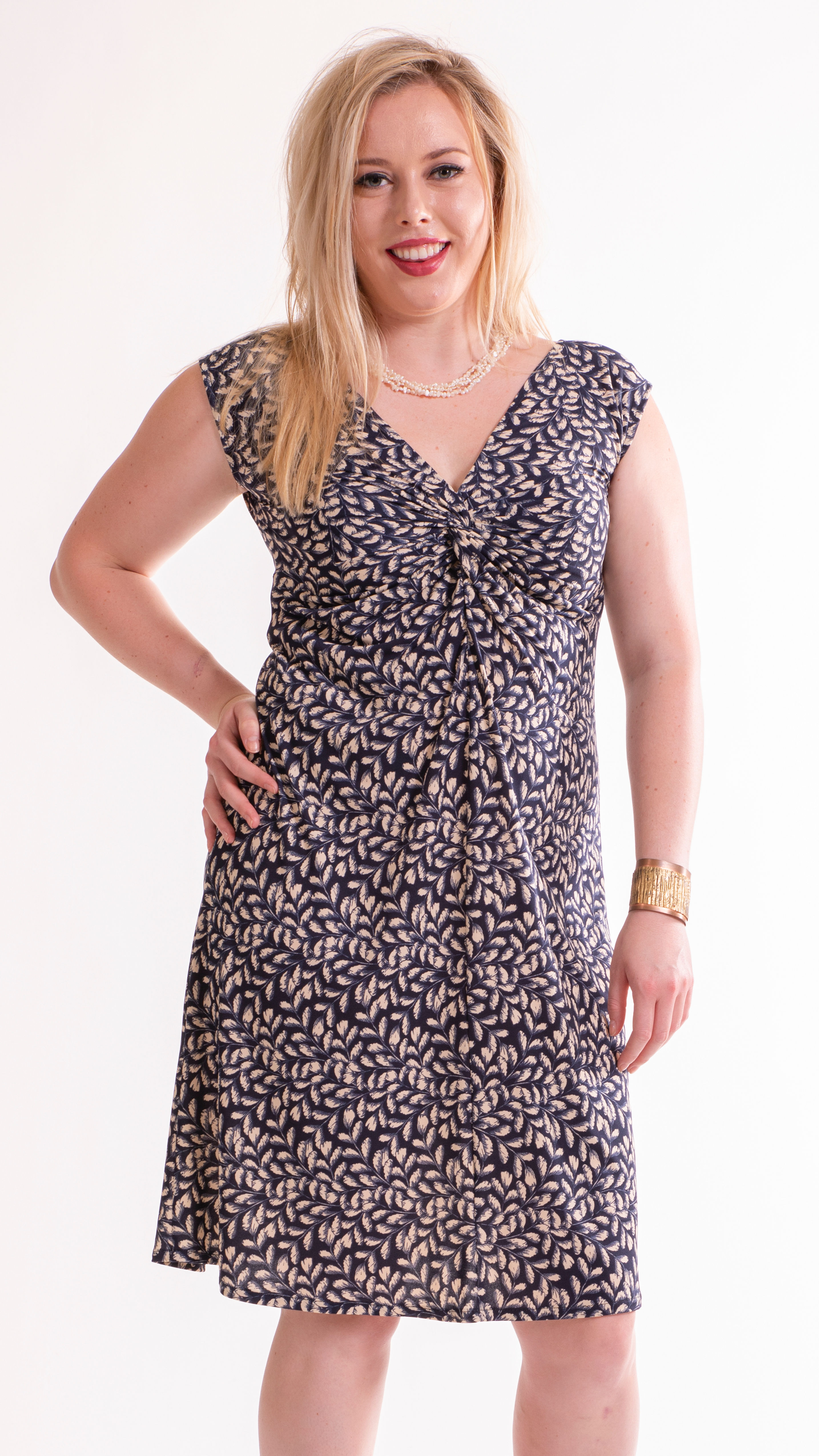 Twist Dress "Navy Leaves" Sleeveless