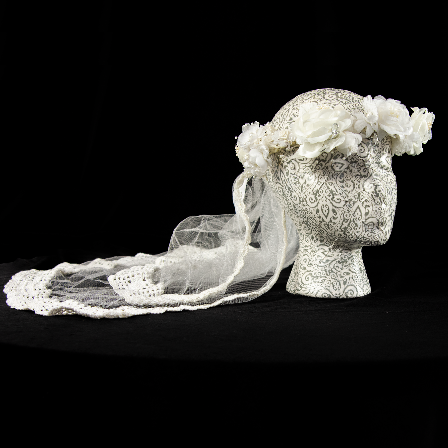 Floral Bridal Wreath w/ Crocheted edge Veil