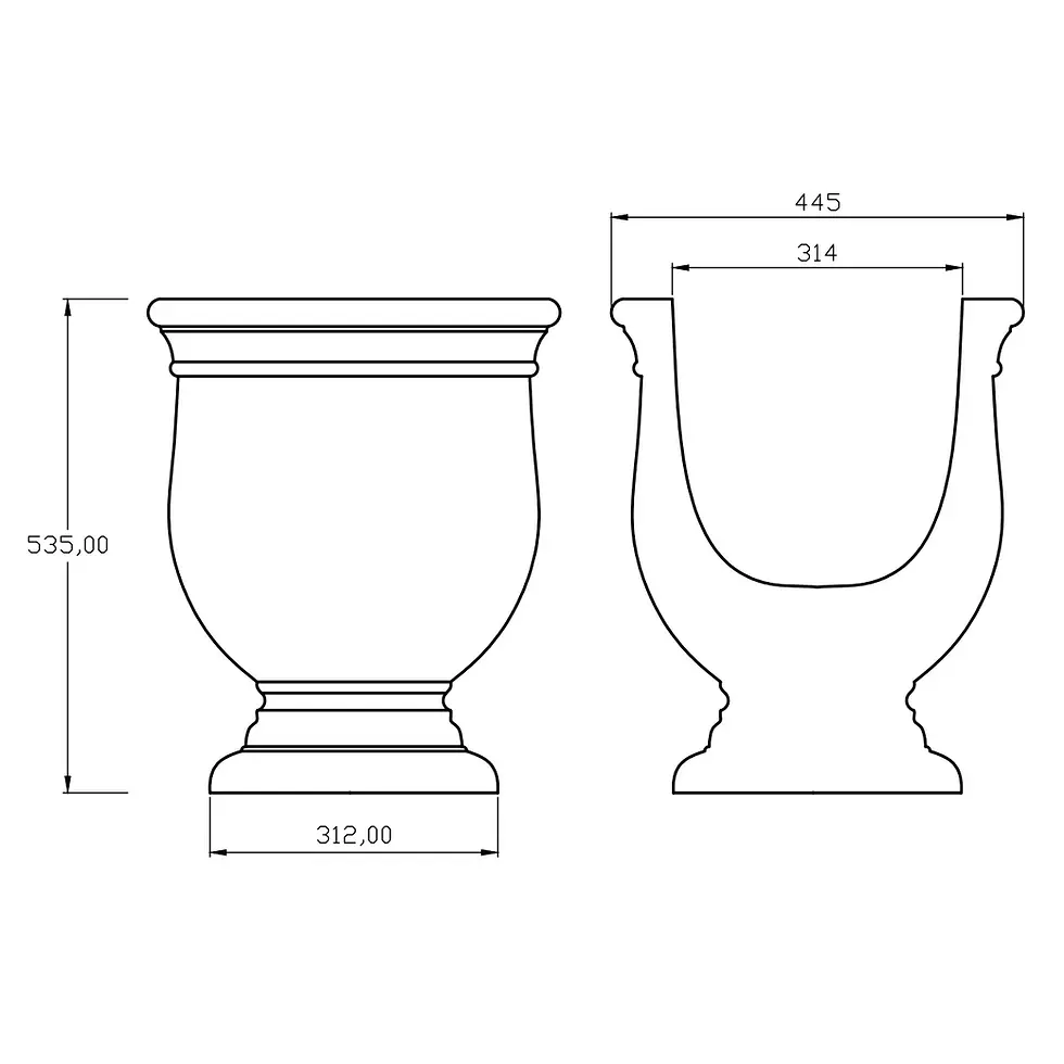 Прев'ю: Технічний креслення вази Waldorf у двох проекціях з розмірами: висота 535 мм, ширина зверху 445 мм (внутрішня 314 мм), ширина