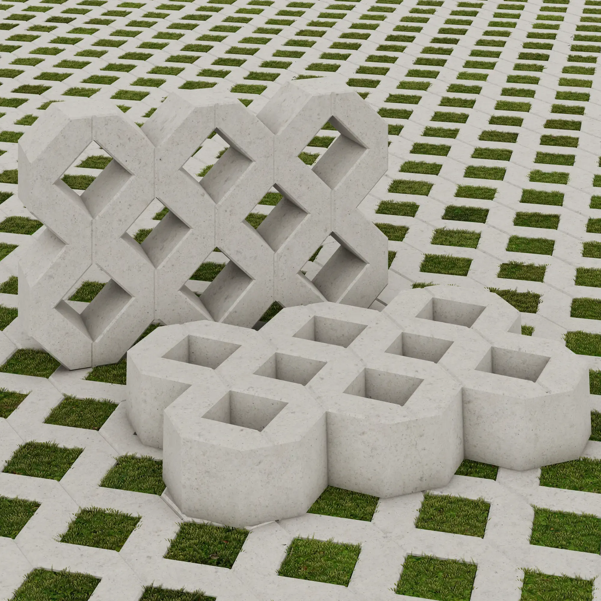 Бетонные газонные Эко решетки с квадратными ячейками, уложенные на травяную основу; декоративно-дренажные бетонные плиты