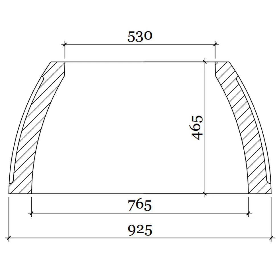 Прев'ю: Технічний креслення поперечного розрізу горщика з розмірами 530 мм зверху, 925 мм знизу та висотою 465 мм.