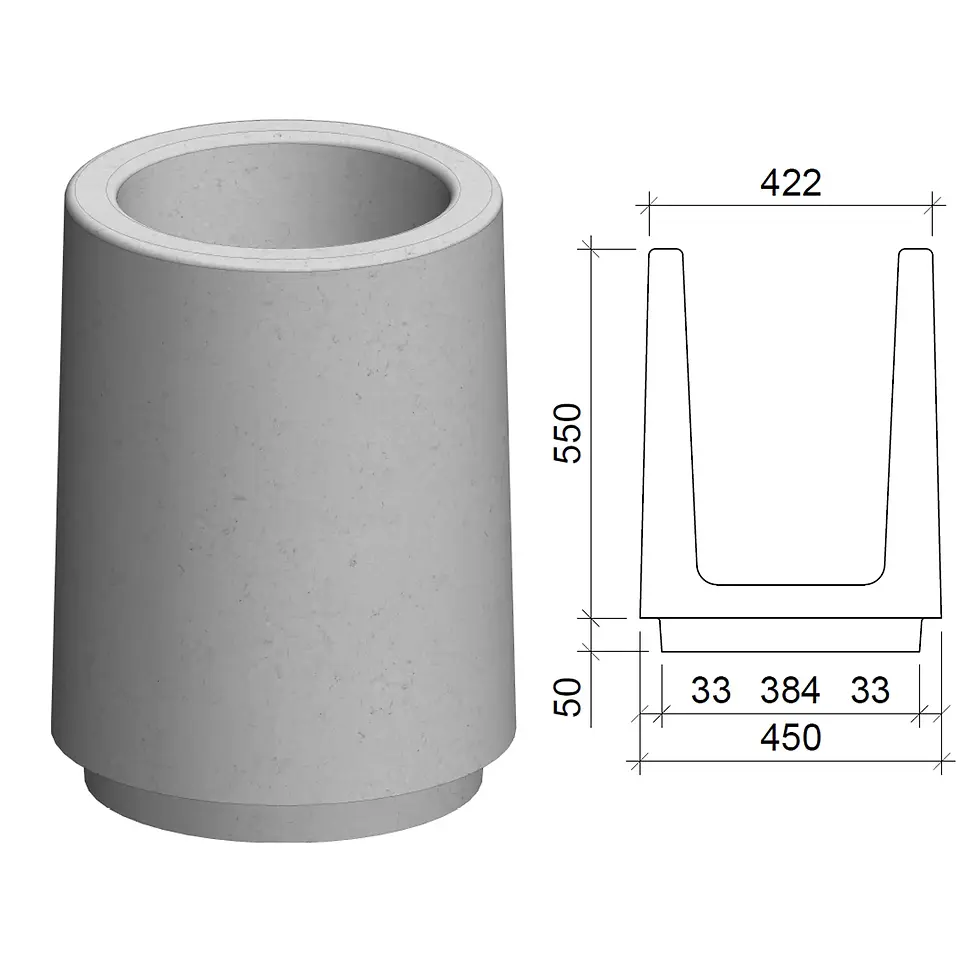 Миниатюра: 3D‑модель и технический чертёж уличной бетонной урны с размерами