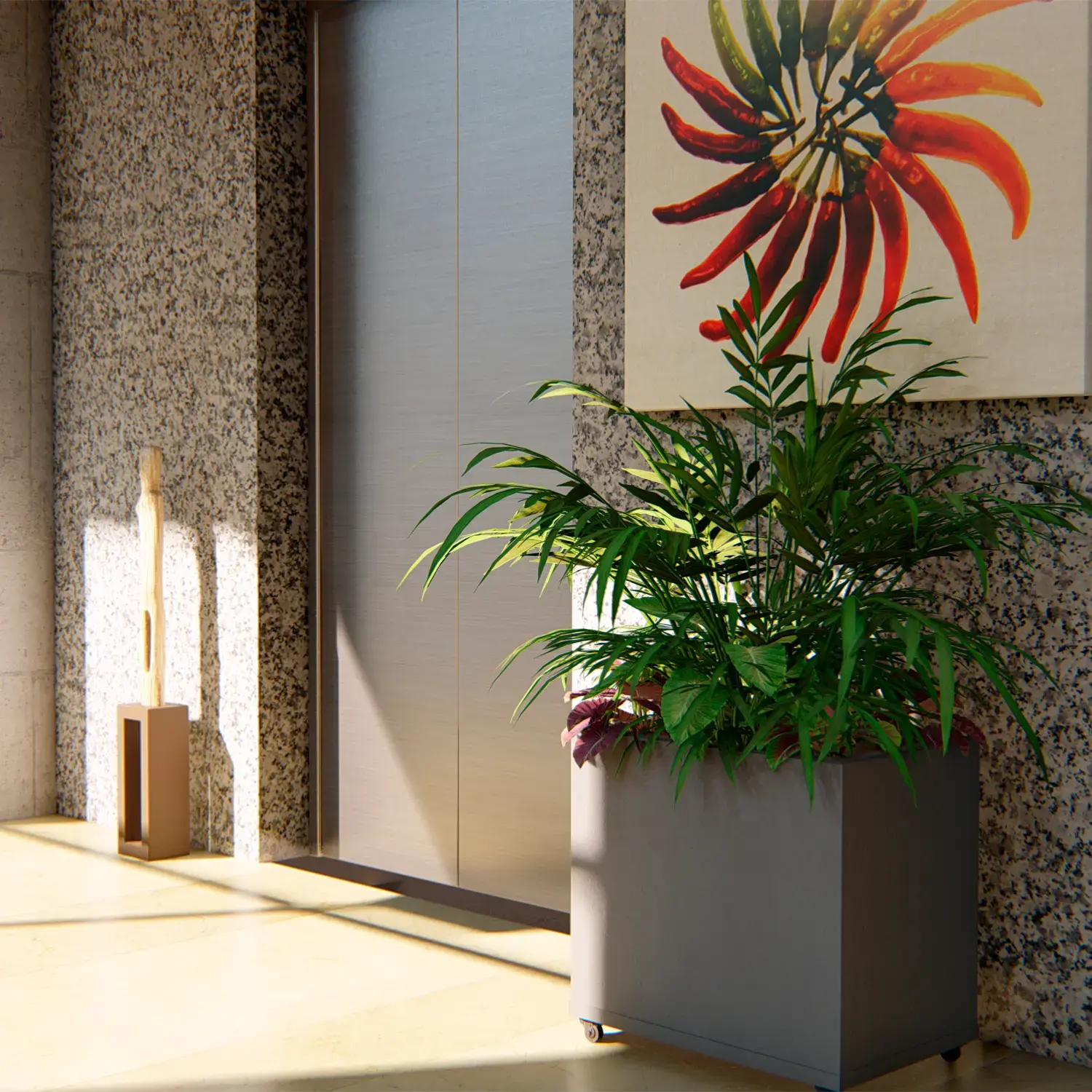 Рослина в прямокутному горщику Кашпо на фоні текстурованої стіни з картиною.