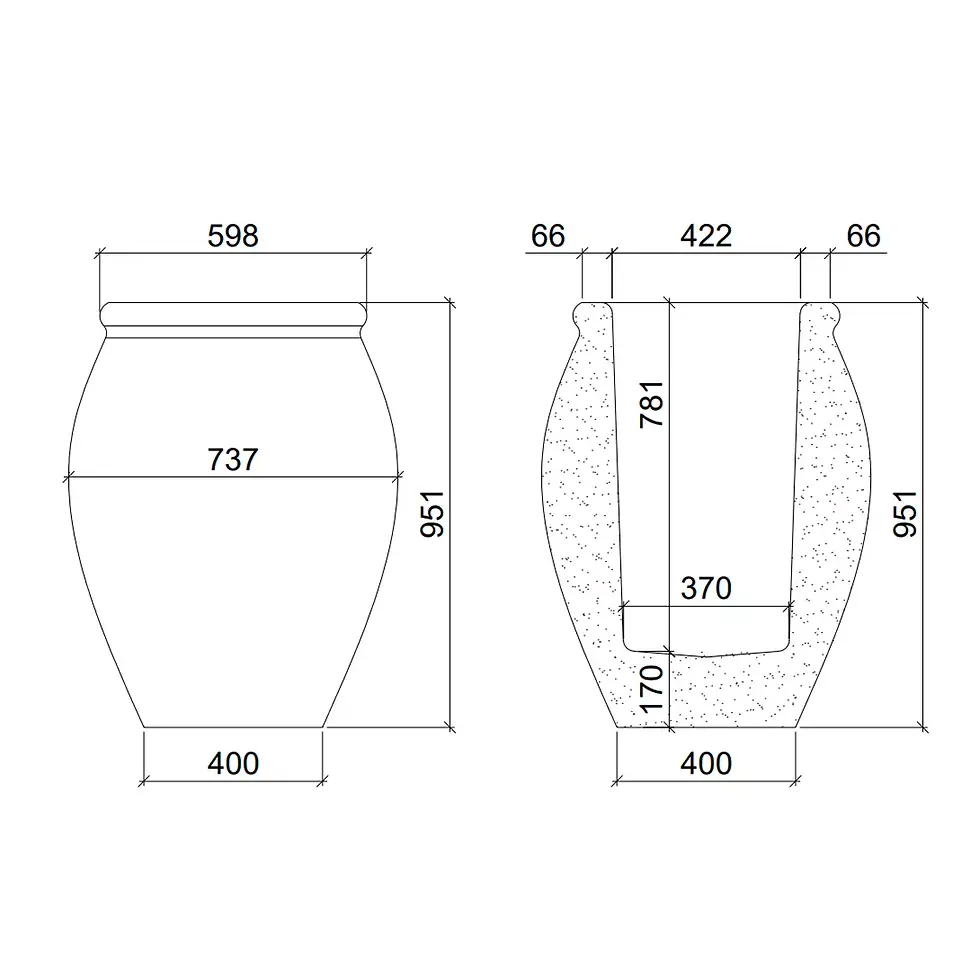 Миниатюра: Технічний креслення амфори у двох проекціях з розмірами в міліметрах на білому тлі.