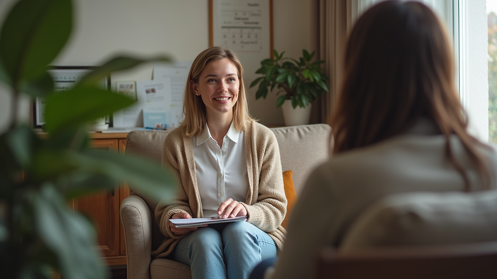 Eye-level view of a person sitting in a cozy room during a telehealth counseling session