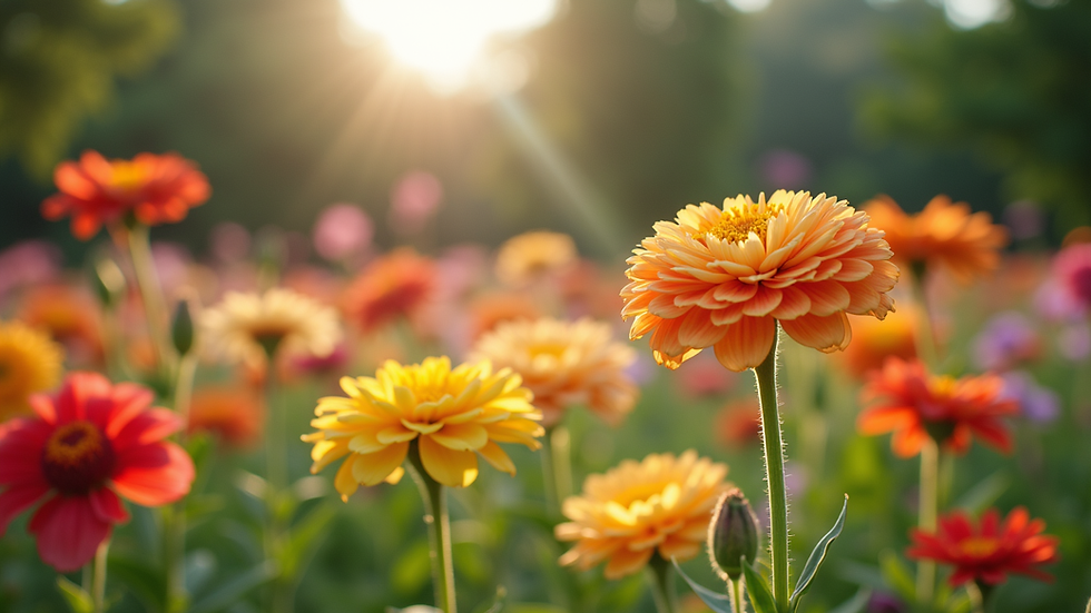 Wide angle view of a blooming garden with colorful flowers