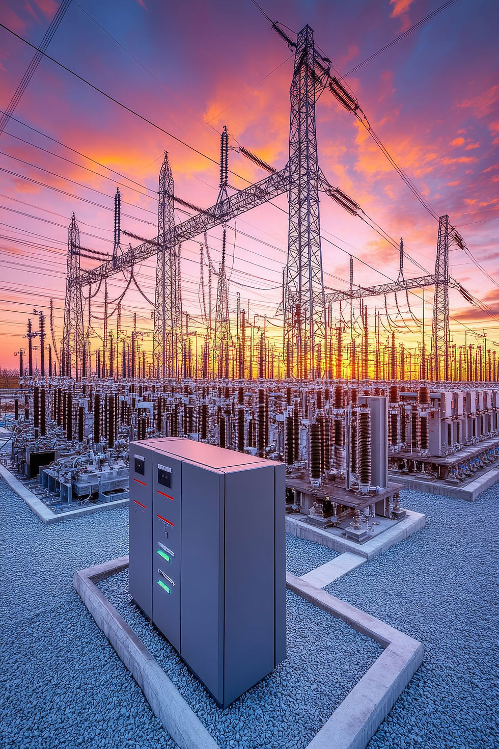 High-voltage electrical substation with transformers and switchgear, representing energy infrastructure and utility-scale EPC