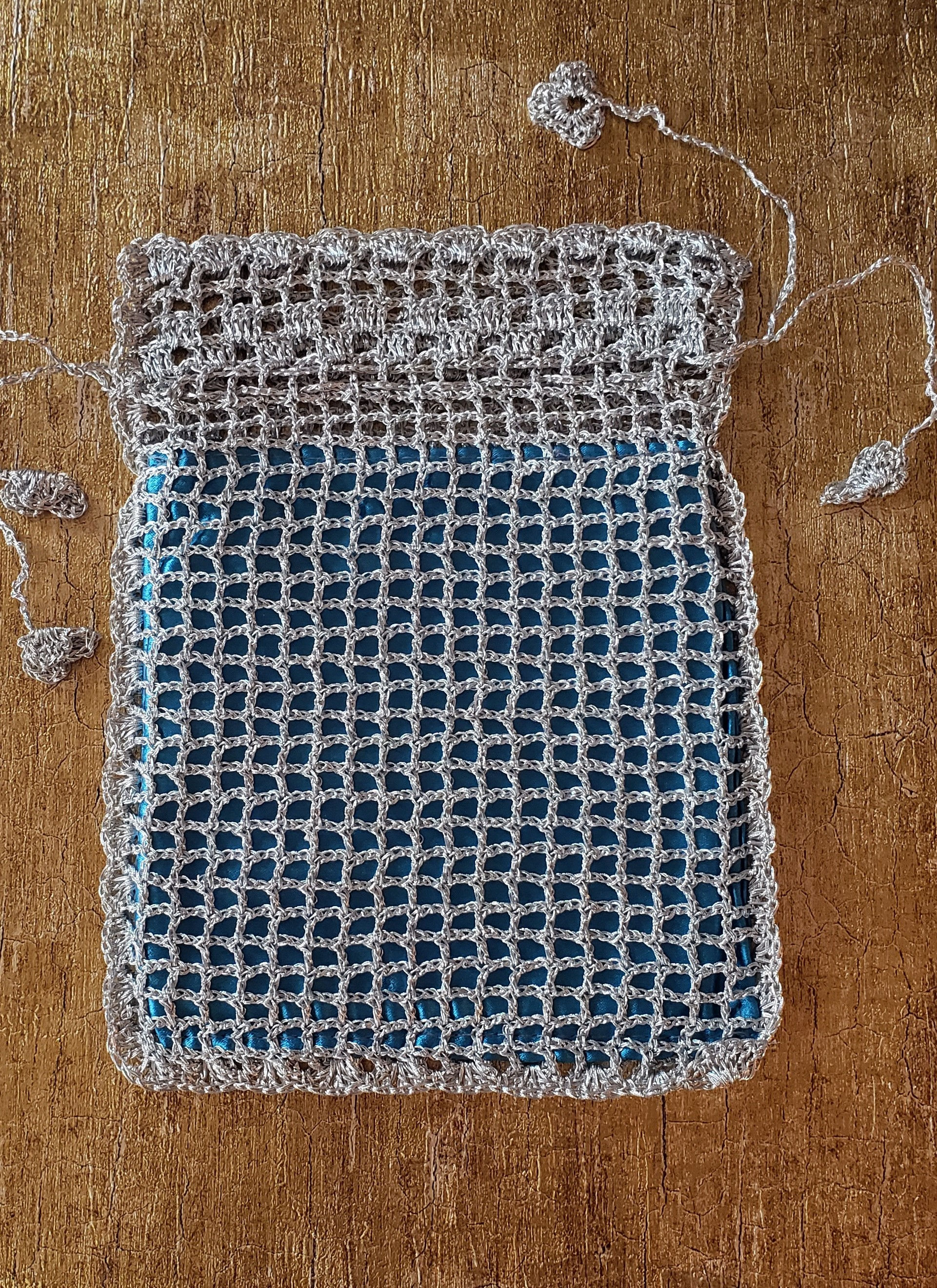 Silver With Turquoise Blue Satin Crochet Pouch