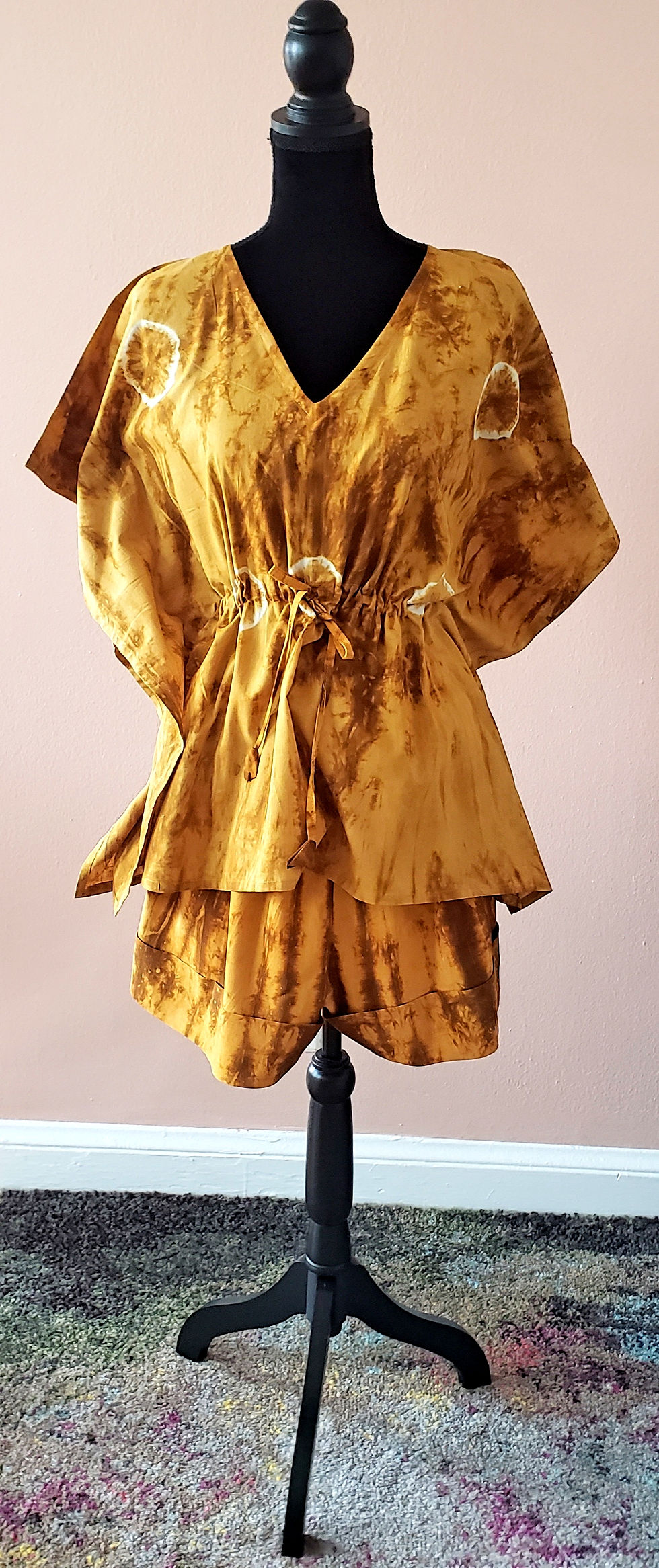 Batik Cotton Short Set - Muted Mustard Gold and Brown Ochre