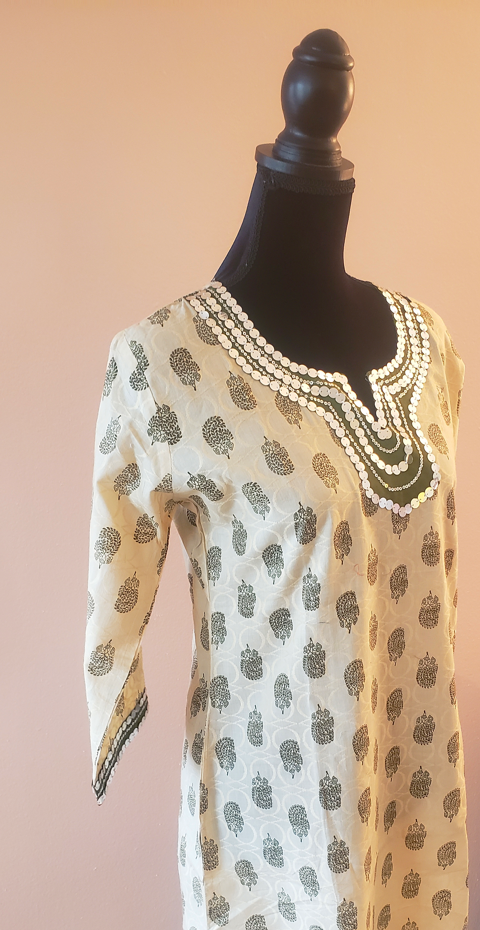 Thumbnail: Almond & Green Tunic with Mirrorwork Neckline