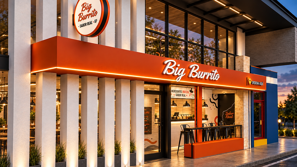 Fachada nocturna de Big Burrito