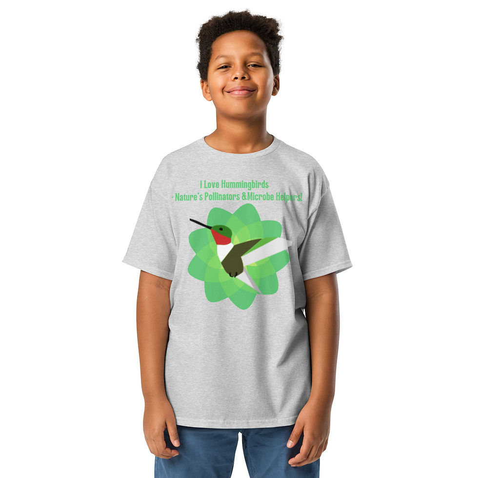 Thumbnail: Youth Tee: "Hummingbirds and Microbes in the garden" Designed By Titus Ko