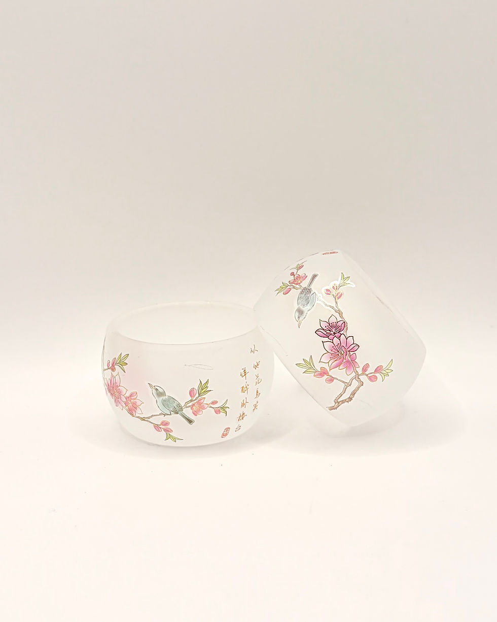 Thumbnail: Frosted Glass Gaiwan Tea Set by Lilan Tang - Peach Blossom and Singing Robin