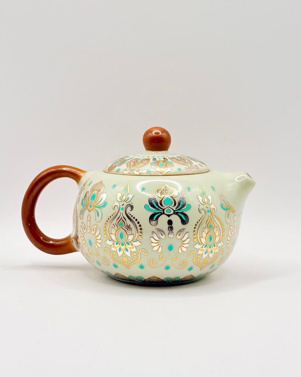 Thumbnail: Handmade Beige Peacock Feather Tea Set with Teapot, Cups and Absorbent Tea Tray