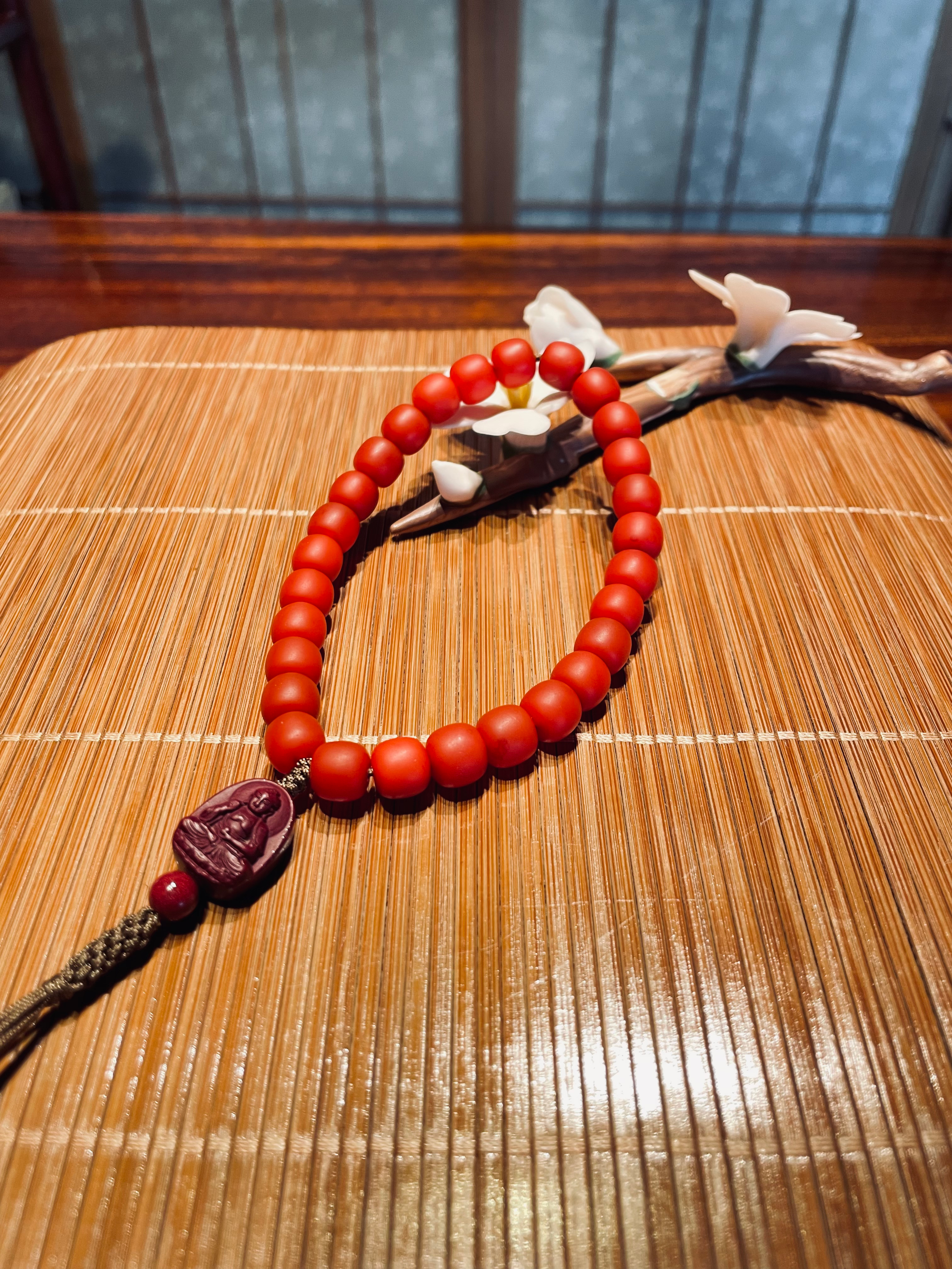 South Red Agate (南红) Bracelet with Cinnibar (朱砂)Buddha Statue